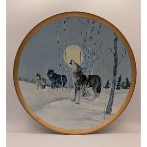 Betty Carr Original Oil Painting Gold Pan Wolves Howling Moon 1992 Signed 12in